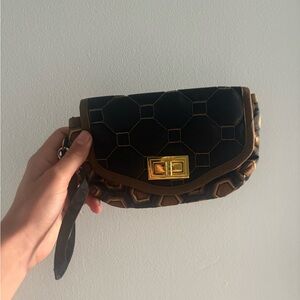 Black and Brown Leather Wristlet with Gold Hardware